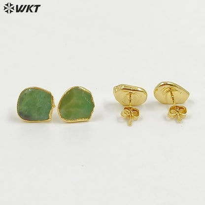 WT-E263 Wholesale Natural Precious Chrysoprase Jade Studs Earrings, 24K Gold Plated Australia Chrysoprase Studs Earrings