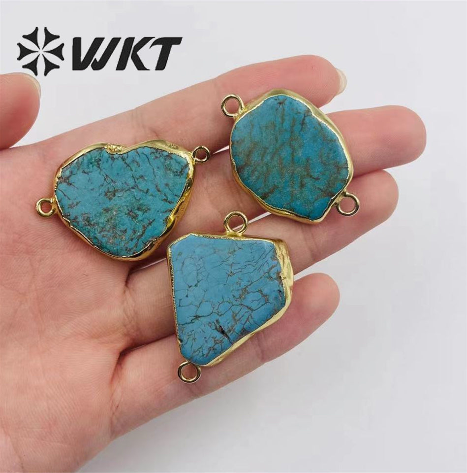 WT-C023 Newest Natural Slice Turquoise Gemstone Pendants With 24k Gold Edge Double Loops Green Howlite Stone Connectors
