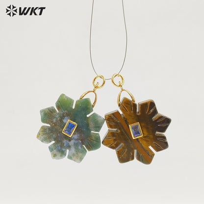 WT-P2095 Romantic Colorful Natural Gemstones And Zircon Snowflake Shape Charm Pendants As Lady Handmade Earrings Findings