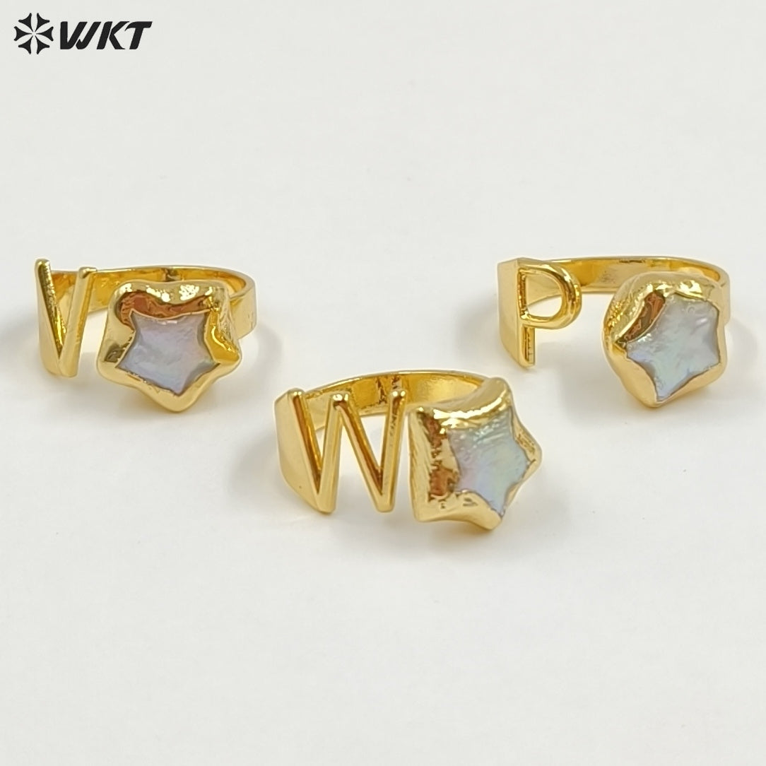 WT-MPR158 Newest Unique Design Gold Electroplated Natural Freshwater Pearl Letter And Star Shape Rings For Women Daily Matching