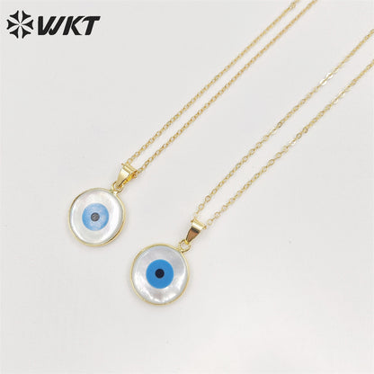 WT-N535 Beautiful Tiny Eye Charm Necklace Fashion Gold Round Natural MOP Eye Shell Charm Necklace Eye Necklace
