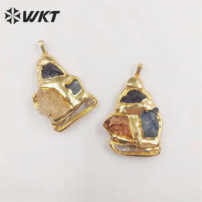 WT-P1906 WKT Exclusive Vintage Style Big Gemstone Pendants Handmade Gold Plated Yellow Citrine Stone Jewelry Pendants