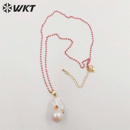 WT-JN091 White Baroque Pearl Necklace Pearl With CZ&Gemstones Beads Charm Women Fashion Necklace Jewelry Colorful Necklace