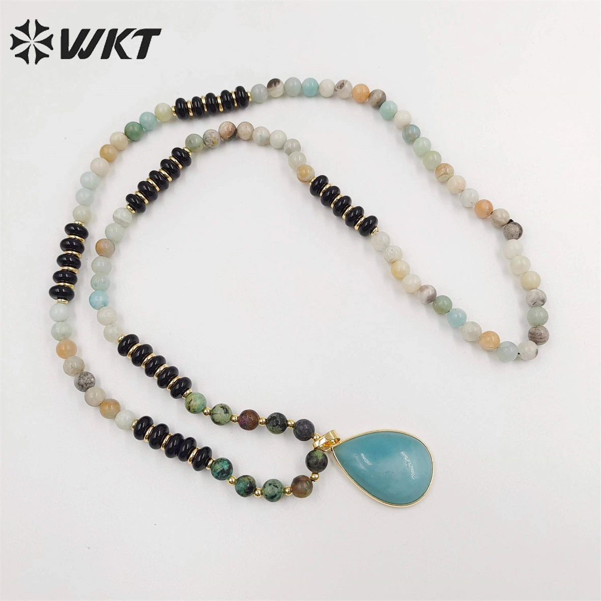 WT-N1416 Newest Attractive 6mm Long Natural Stone Beads Necklace in 28 Inch Genuine Amazonite Drop Pendant Necklace