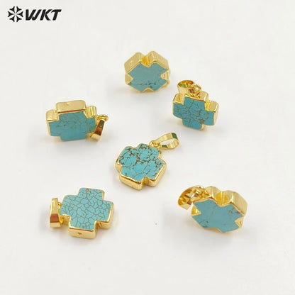 WT-P952 Vintage 18K Real Gold Plated Natural Turquoise Made Cross Pendant Bohemian Green Stone Jewelry Charms for Necklace