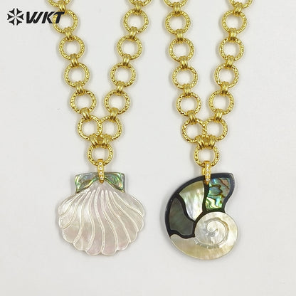 WT-JN398 Wonderful Design Gold Electroplated Thick And Thin Chain Splicing With Shell Pendant Necklaces As Women Fashion Jewelry