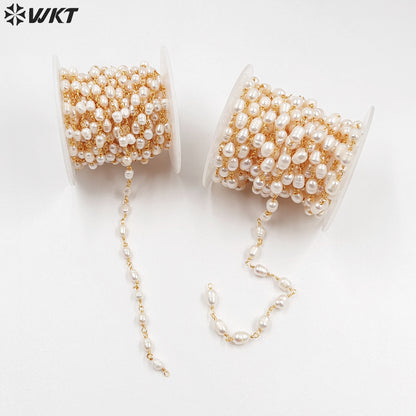 WT-RBC069 Wholesale New Arrival Fashion Female Jewelry Gold or Silver Plated DIY Necklace Freshwater Pearl Brass Rosary Chain