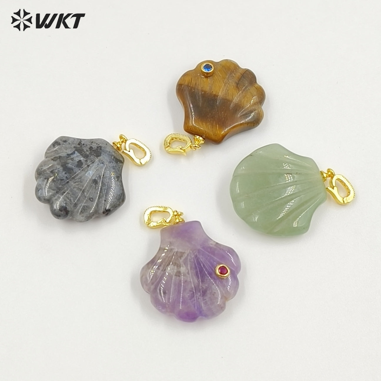 WT-P2097 Lovely Design Natural Gemstones And Colorful Zircon Hand Carved Shell Shape Little Pendants For Female Jewelry DIY