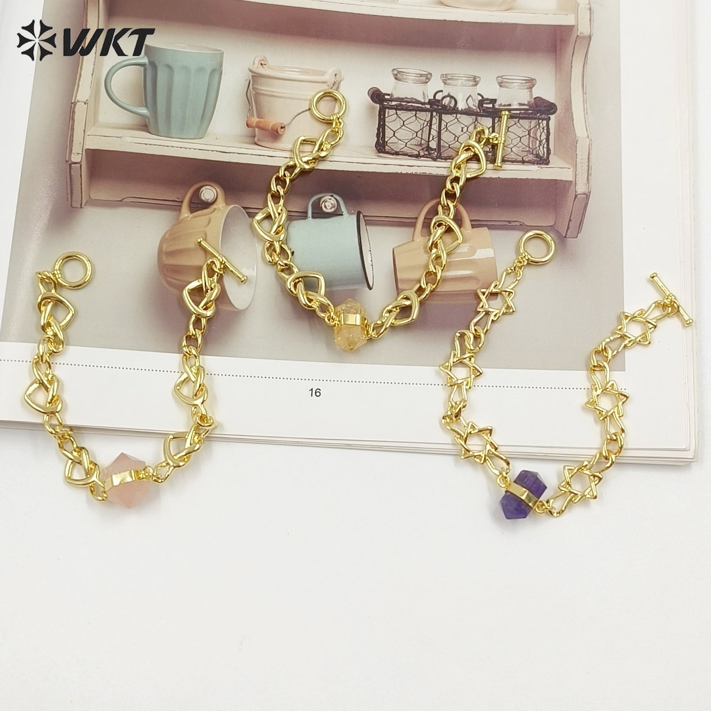 WT-B717 Exclusive Lovely Gold Plated Yellow Brass Heart Star Chain With Natural Gemstones Charms Bracelets As Friends Gift