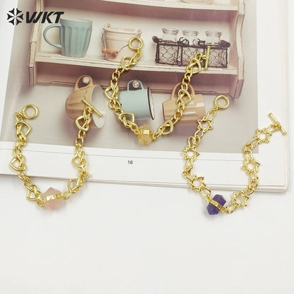 WT-B717 Exclusive Lovely Gold Plated Yellow Brass Heart Star Chain With Natural Gemstones Charms Bracelets As Friends Gift