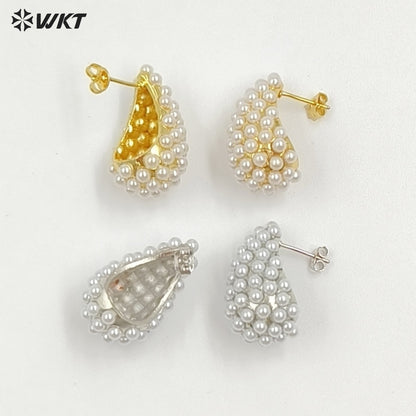 WT-ME129 Hot Sales Elegant Design Gold And Silver Plated Brass With Artificial Pearl Teardrop Shape Earrings For Wedding Gift