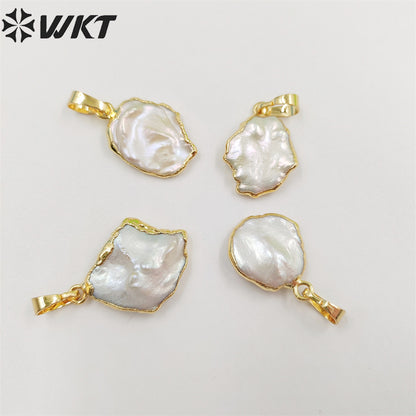 WT-P656 Wholesale Unique Natural Freeform White Freshwater Pearl Pendant Gold Edges Pendant DIY Jewelry Making