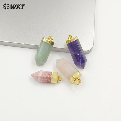 WT-P2007 Natural Precious Hexagon Gemstone Quartz Point Bullet Pendant with Gold Plated on Top Energy Jewelry Pendants