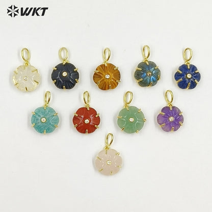 WT-P2121 Delicate Gold Plated Zircon And Natural Gemstones Carved Flower Shape Little Pendants For Girls Fashion Necklace Design