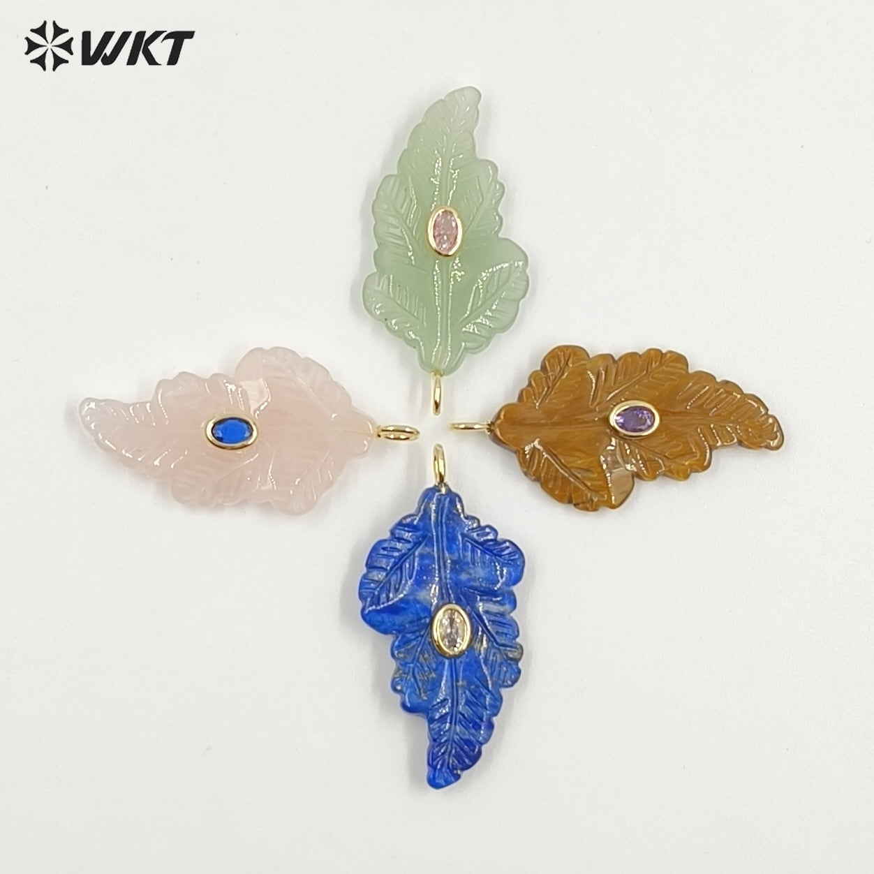 WT-P2094 High Quality Zircon Setting In Natural Gemstones Hand Carved Leaf Shape Pendants For Trendy Necklace Decorations