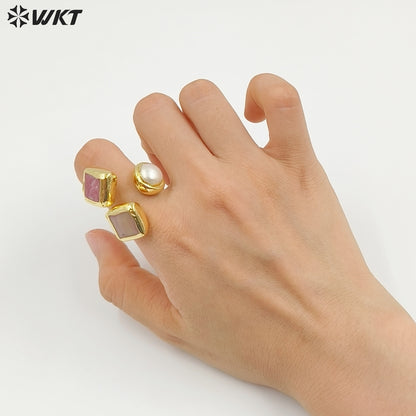 WT-R573 Wonderful Vintage Style 18K Gold Plated Double Natural Stones And Pearl Adjustable Women Rings As Party Present