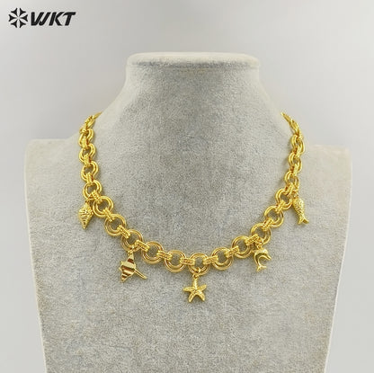 WT-JFN46 Wholesale Amazing Gold Plated Double Circles Chain With Cute Shell Charms Necklace For Women Seaside Vacation Gift