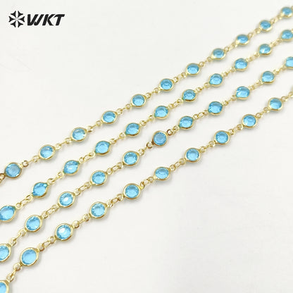 WT-RBC230 Super Hot 18K Real Gold Plated Aqua Crystal Round Beads Chain for Women Jewelry Necklace DIY Design Findings