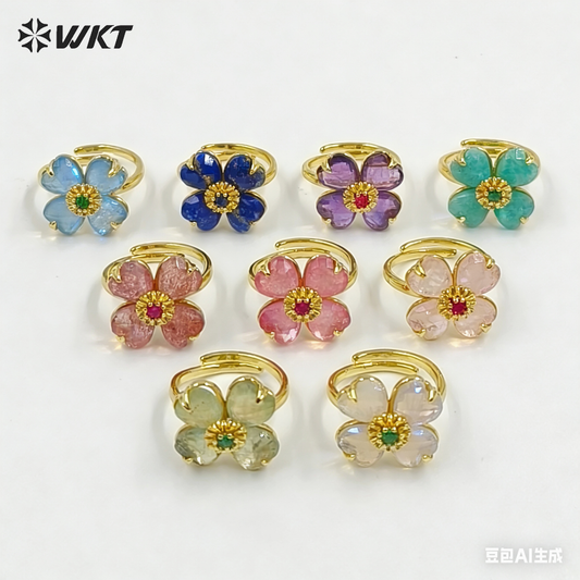 WT-R602 Gorgeous Design Gold Plated Zircon And Colorful Natural Gemstone Flower Shape Rings Adjustable For Party Wearing Jewelry