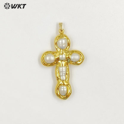WT-JP445 Good Quality Gold Plated Religious Style Six Natural Freshwater Pearls Cross Pendant For Fashion Necklace Making