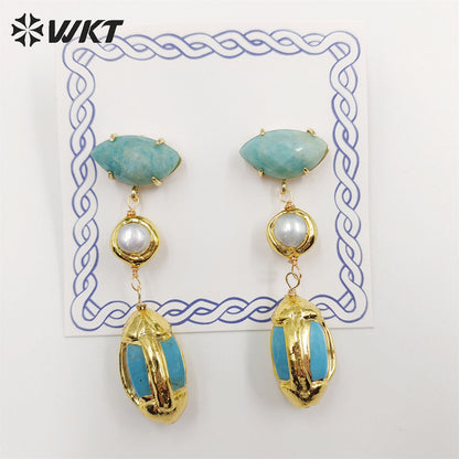 WT-E710 Wholesale Newest Fashion Gold Triple Stone Combined Earrings Women Wire Wrapped Handmade Gemstone Quartz Earrings