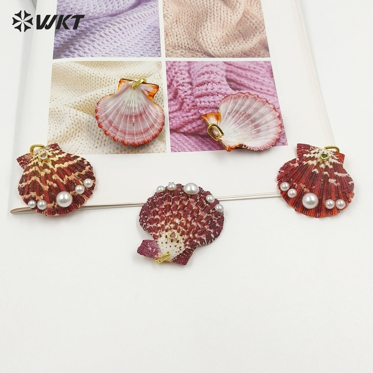 WT-JP501 Wonderful Vintage Pearl And Natural Oil Painting Shell Gold Pendants For Lady Fashionable Necklaces DIY Findings
