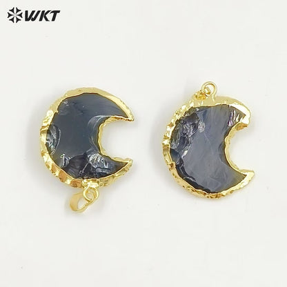 WT-P1322 Amazing Handmade Handmer Natural Raw Black Obsidian Crescent Horn Moon Stone Pendant With 18k Real Gold Plated