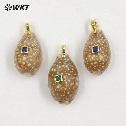 WT-JP495 Unique Style First Snow Cowrie Shell And Colorful Zircon Gold Pendants As Female Handmade Necklace Bracelet Findings