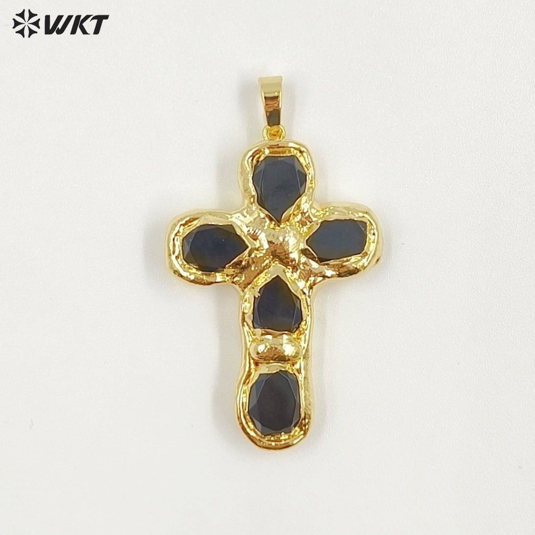 WT-P2045 Popular Sale Back Full Gold Electroplated Turquoise Natural Gemstones Cross Pendants As Fashion Necklace DIY Findings