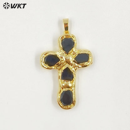 WT-P2045 Popular Sale Back Full Gold Electroplated Turquoise Natural Gemstones Cross Pendants As Fashion Necklace DIY Findings