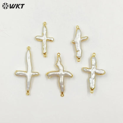 WT-P346 Amazing Fashion Gold Plated Freshwater Pearl Cross Pendant High Flash Baroque Women Real Pearl Cross Pendant for Women