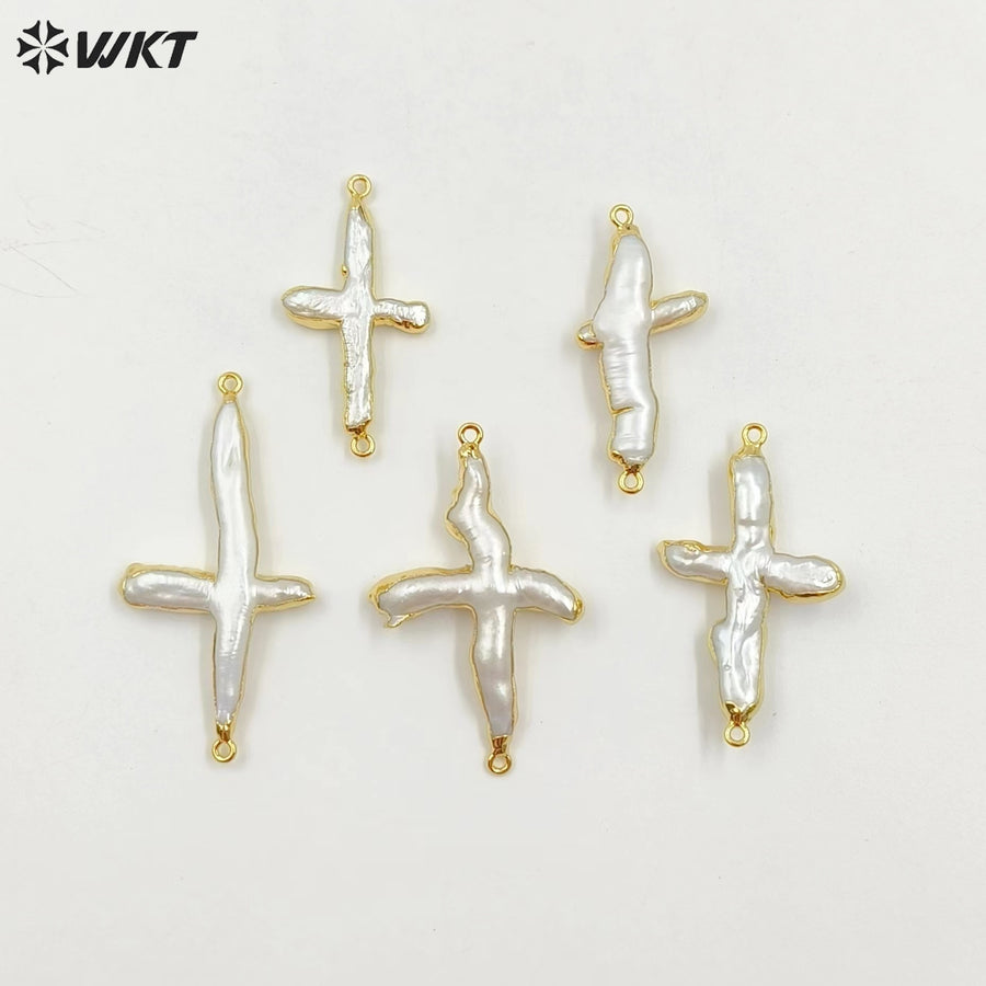 WT-P346 Amazing Fashion Gold Plated Freshwater Pearl Cross Pendant High Flash Baroque Women Real Pearl Cross Pendant for Women