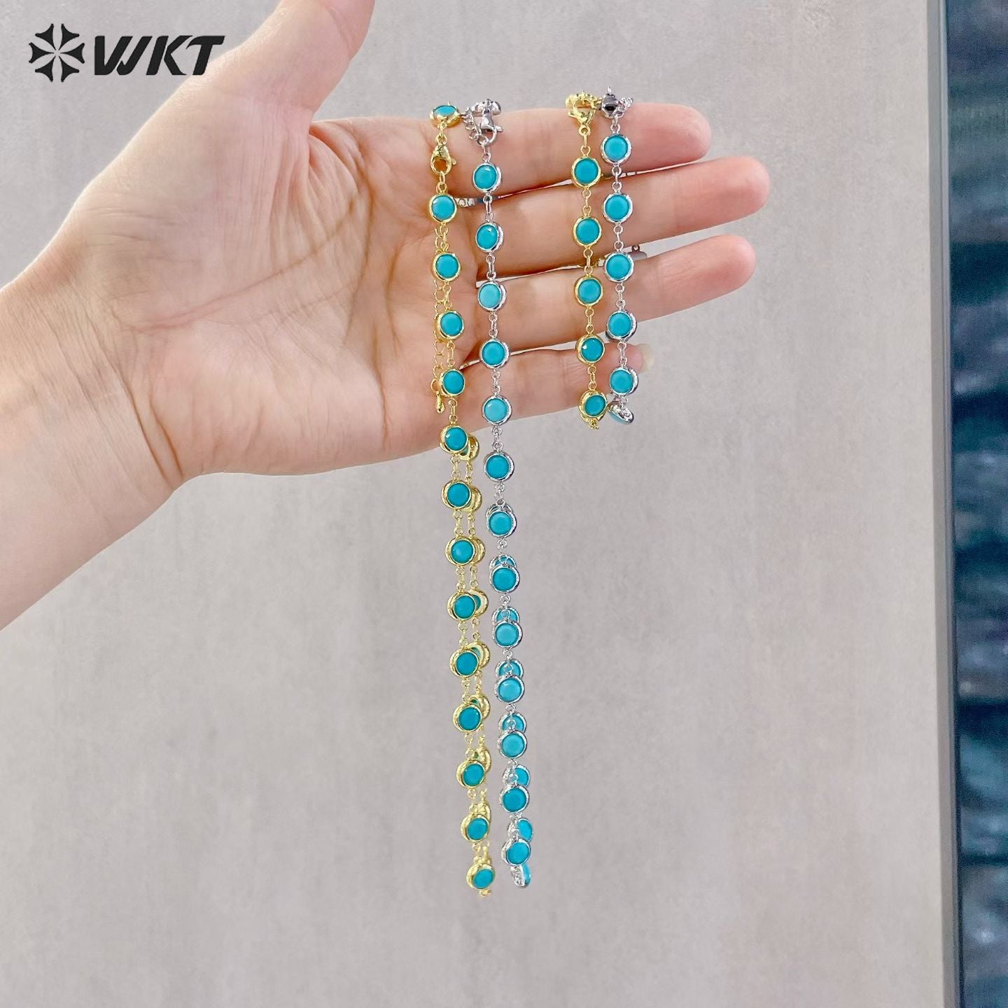 WT-JFN72 Trendy Elegant Style Gold Plated Natural Turquoise Chain Necklaces Bracelets With Different Size For Women Gift Jewelry