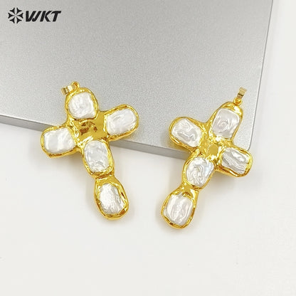 WT-JP420 New Sales Square Natural Freshwater Pearls Back Full Gold Plated Cross Shape Pendant For Jewelry DIY Accessories