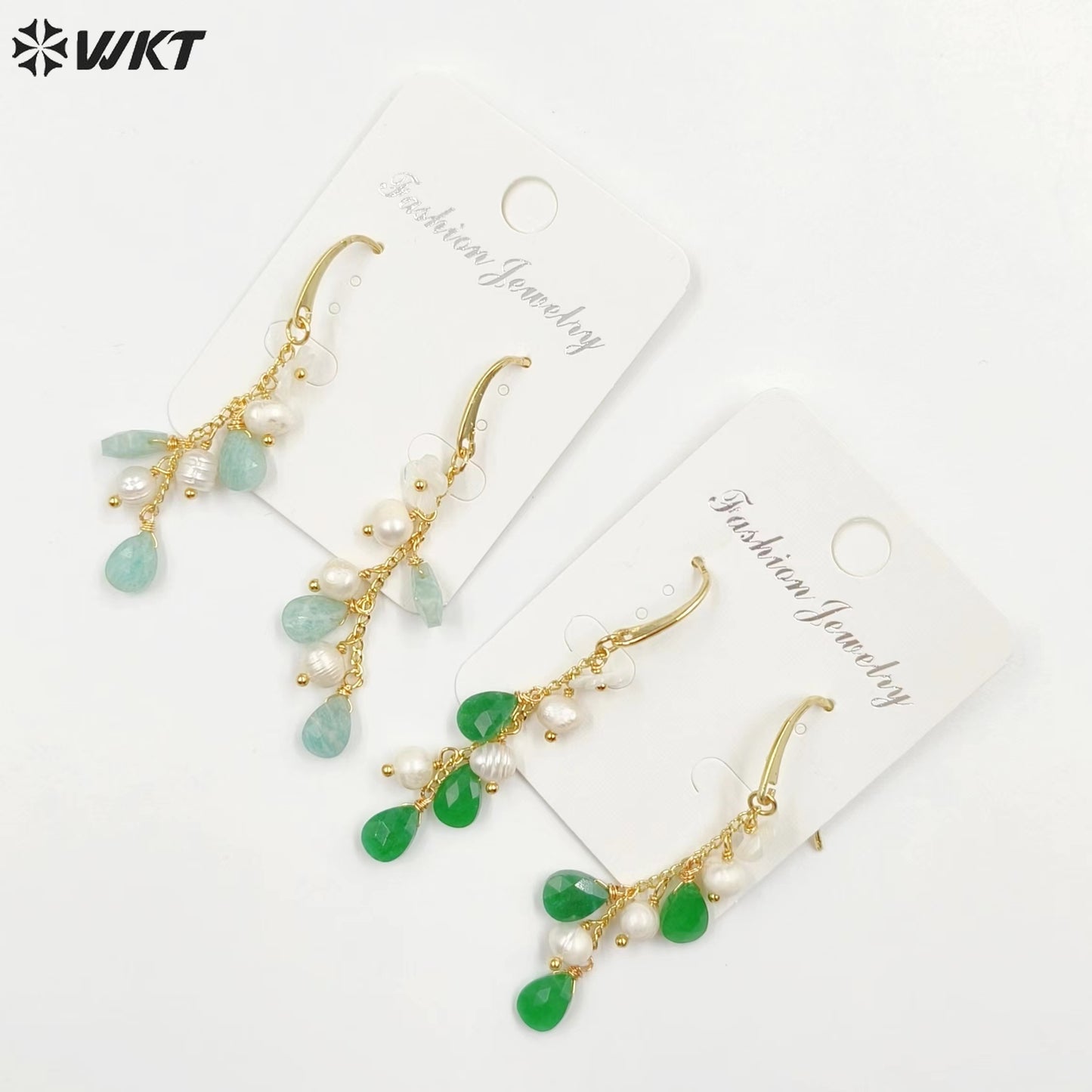 WT-MPE109 Bohemia Regular Natural Pearl and Stone 18k Gold Plated Gift for Women Weeding 62mm Romantic Pendant Earrings