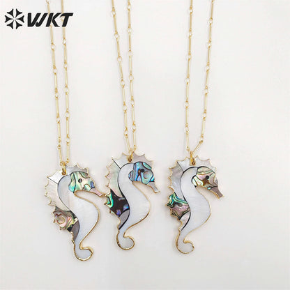 WT-N1069 WKT Wholesale New Fashion Stick Link Chain Jewelry Seahorse Shape Natural Abalone Shell Necklace
