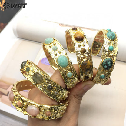 WT-B663 Delicate 18K Real Gold Plated Multi Natural Precious Stones in Bezel Setting Women Birthday Gift Gemstone Bangle