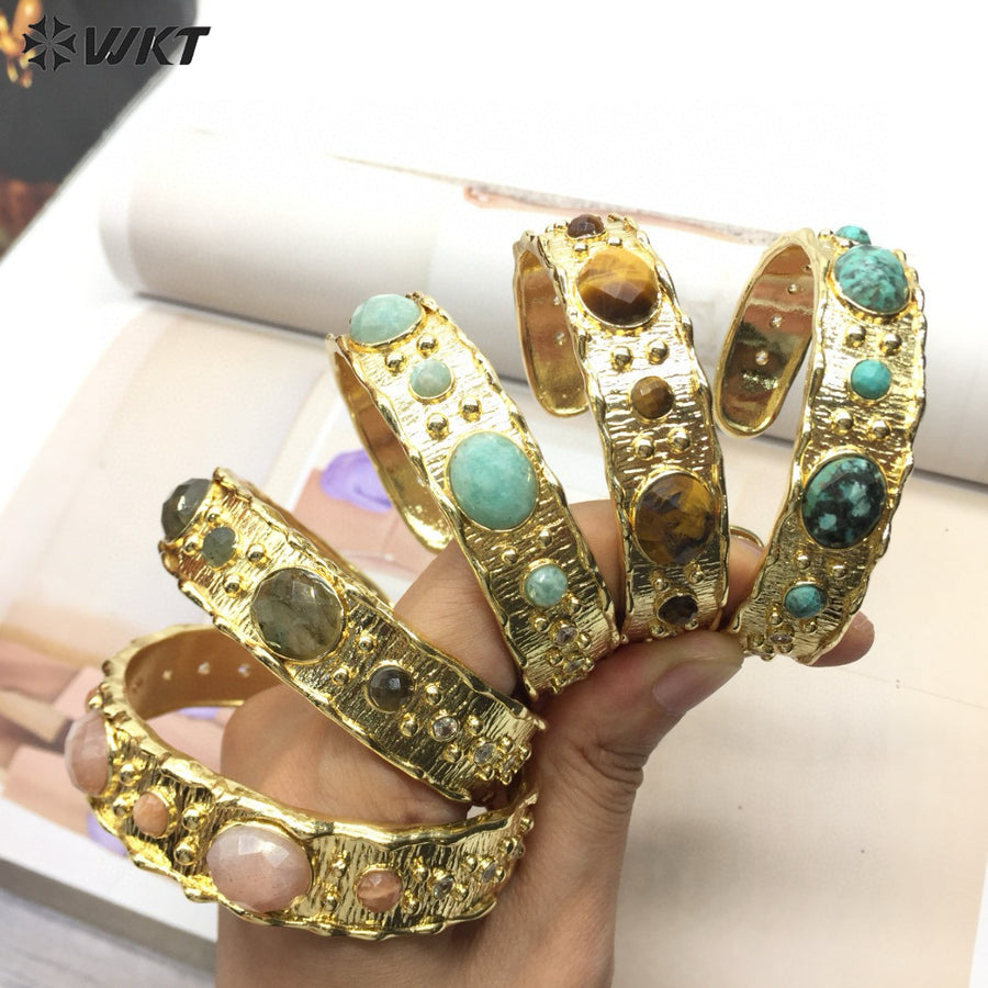 WT-B663 Delicate 18K Real Gold Plated Multi Natural Precious Stones in Bezel Setting Women Birthday Gift Gemstone Bangle