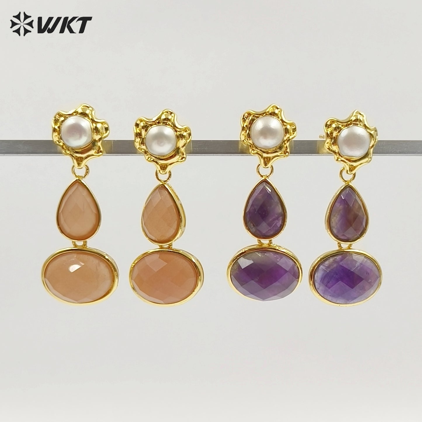 WT-E824 Exclusive Natural Pearl And Double Gemstones Gold Plated Women Earrings For Friends Vintage Beautiful Jewelry Gifts