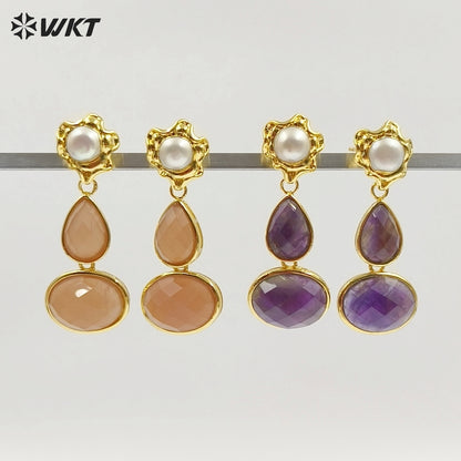 WT-E824 Exclusive Natural Pearl And Double Gemstones Gold Plated Women Earrings For Friends Vintage Beautiful Jewelry Gifts