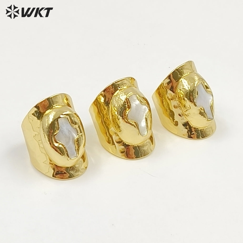 WT-MPR121 Popular Models Fashion 18K Gold Plated Mother Of Pearl Shell Cross Shape With Large Adjustable Ring For Men And Women