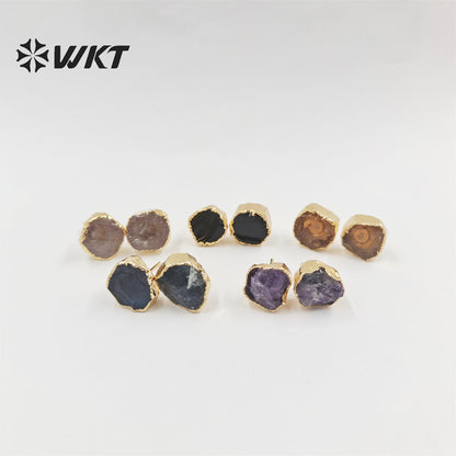 WKT-E673 Women Vintage Bohemian Raw Stone Studs Without Polish Fashion Gold Plated Hand Cut Original Rose Quartz Stone Studs