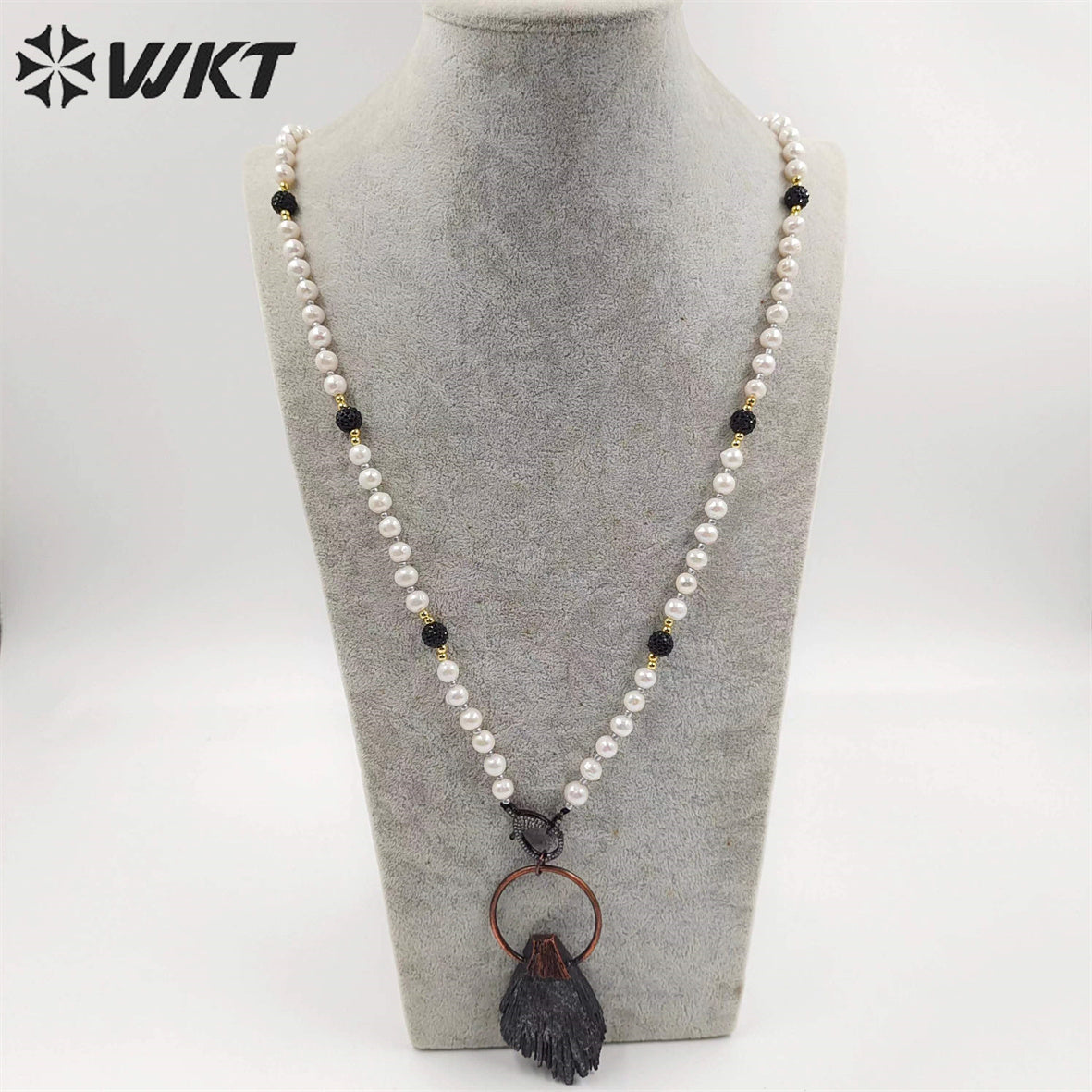 WT-N1415 Wholesale Newest Vintage Style Antique Copper Black Kyanite with Pearl Chain Necklace Pearl Beads Necklace