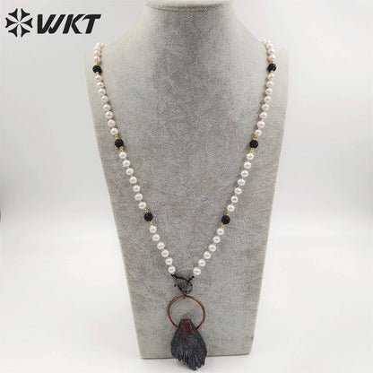 WT-N1415 Wholesale Newest Vintage Style Antique Copper Black Kyanite with Pearl Chain Necklace Pearl Beads Necklace