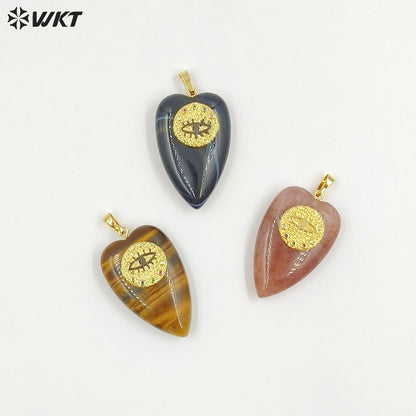 WT-P2047 Romantic Gold Plated Zircon And Tiger Eye Natural Gemstones Heart Shape Pendants As Lovely Handmade Jewelry Accessory