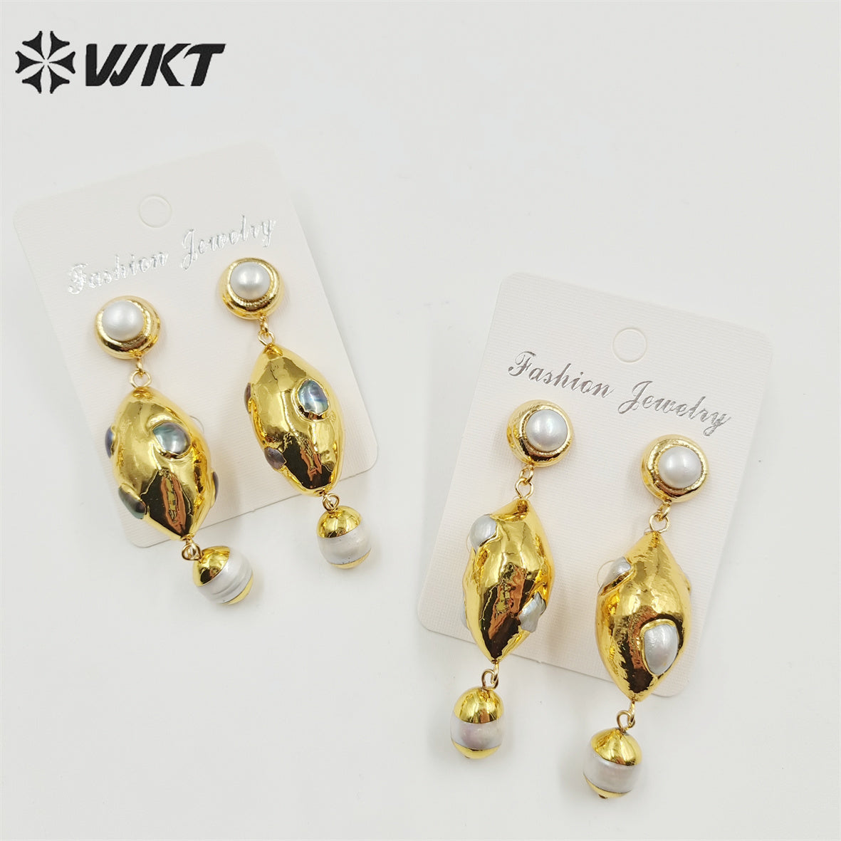 WT-MPE087 WKT New Design Oval Shape 18k Real Gold Plated Natural Pearl Earrings Lady Precious Long Dangle Handmade Wedding Studs