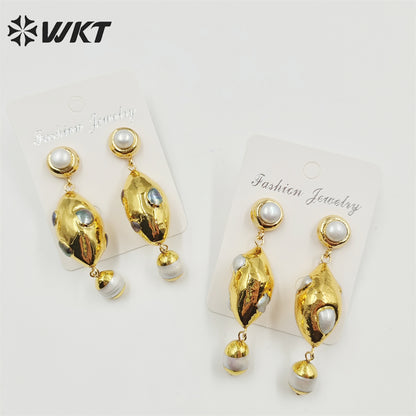 WT-MPE087 WKT New Design Oval Shape 18k Real Gold Plated Natural Pearl Earrings Lady Precious Long Dangle Handmade Wedding Studs