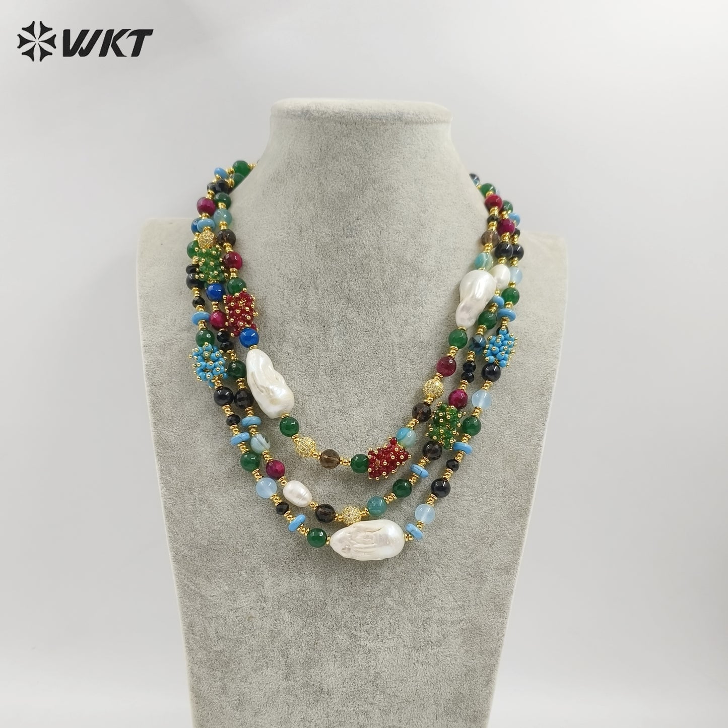 WT-JN265 Amazing Gorgeous 19 Inch Long With Micro Pave Zircon Clasp Close Natural Gemstone Beads Choker Necklace