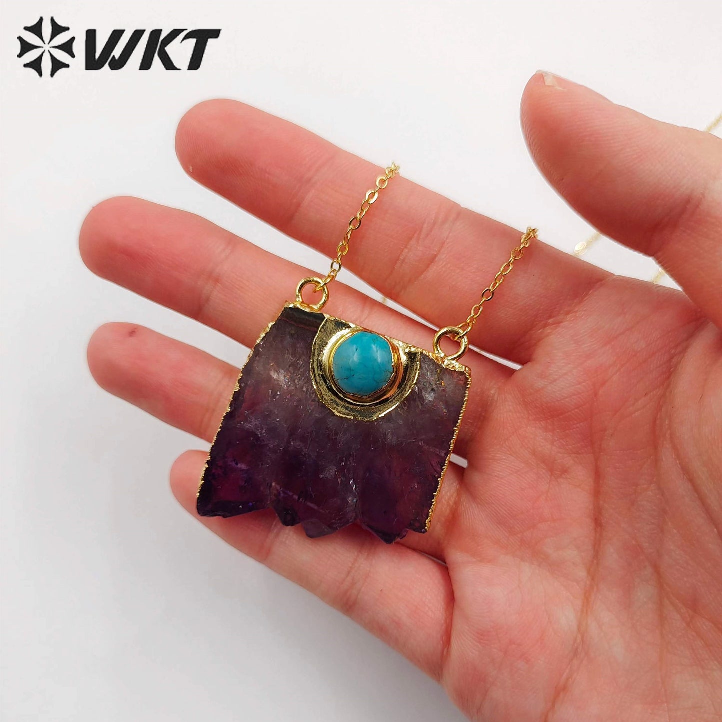 WT-N411 Natural Slice Raw Amethyst Necklace With Turquoise Elements, Uraguay Purple Amethyst Necklace With Gold Plated on Edged