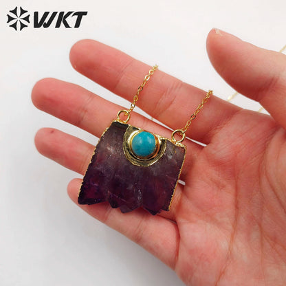 WT-N411 Natural Slice Raw Amethyst Necklace With Turquoise Elements, Uraguay Purple Amethyst Necklace With Gold Plated on Edged